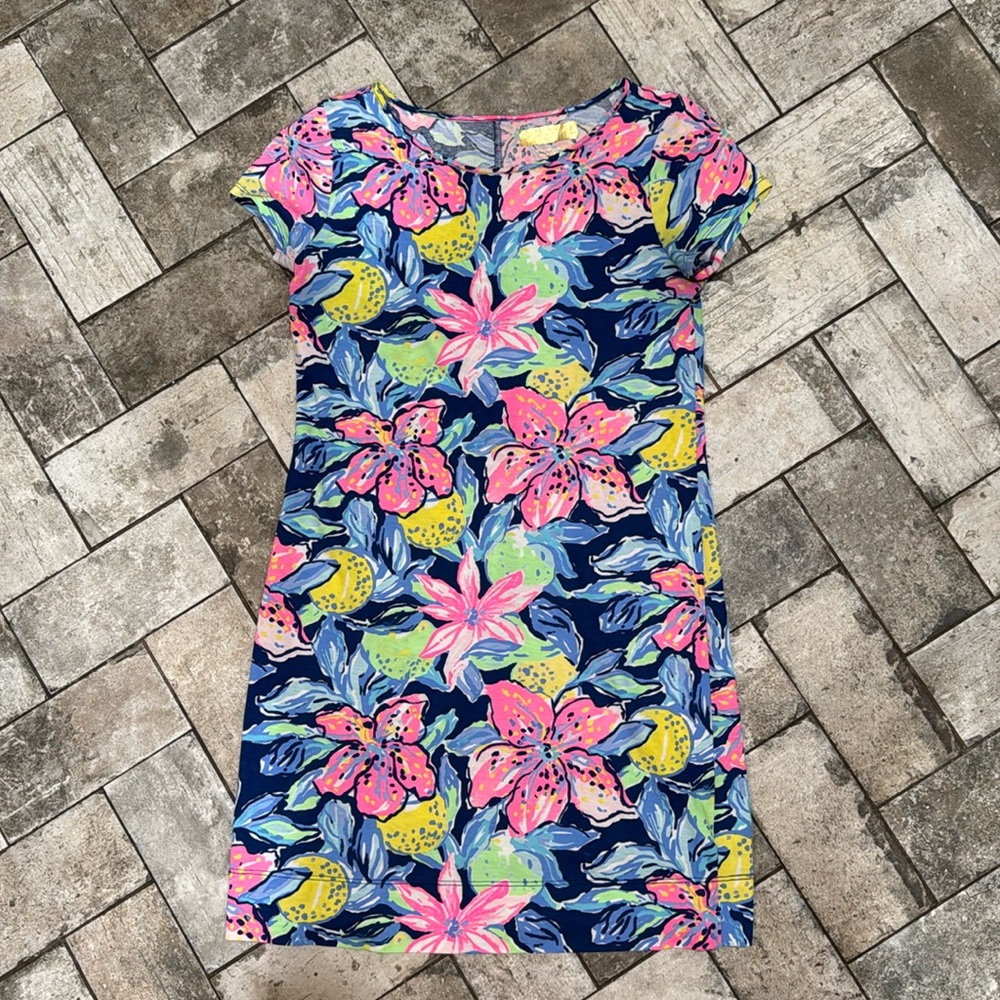 Lilly Pulitzer XS Marlowe Shirt Dress Navy Pink Colorful Short Sleeve Pima Cotto
